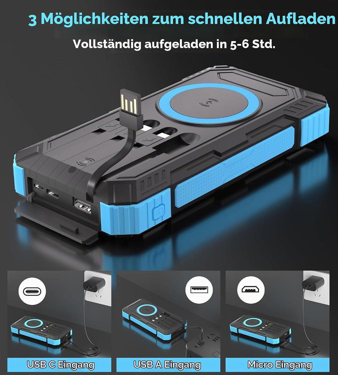 56800mAh Solar Powerbank, Wireless Power Bank gross mit 4 Kabeln, 30W PD Schnellladefunktion, 6 Ausg