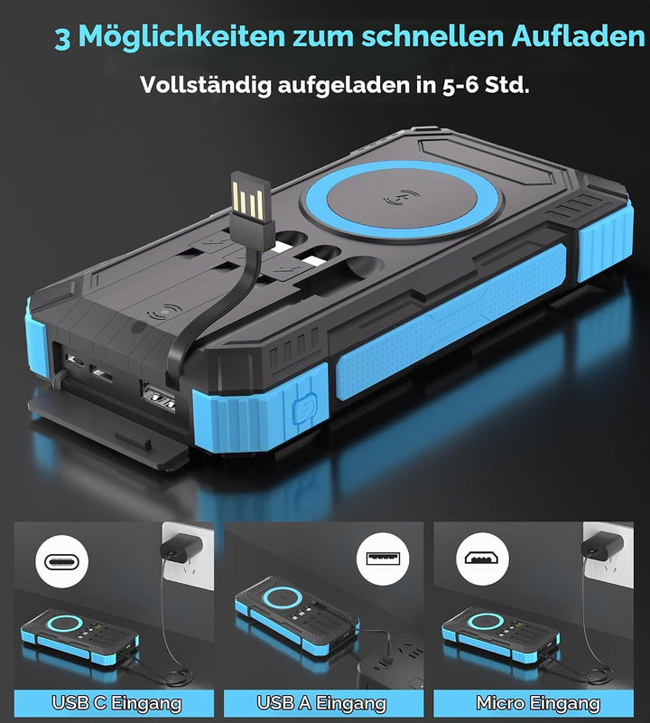 56800mAh Solar Powerbank, Wireless Power Bank gross mit 4 Kabeln, 30W PD Schnellladefunktion, 6 Ausg