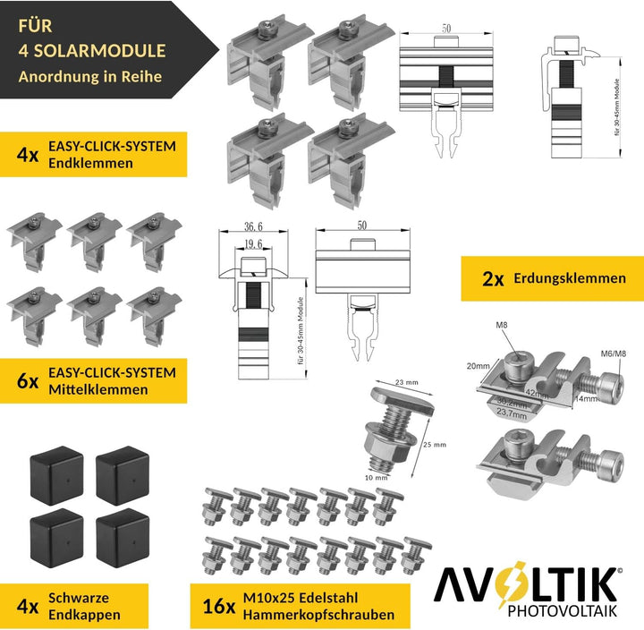 Avoltik Solar Halterung Ziegeldach I Set für 4 PV Module 30-45mm I Solarmodul Halterung Balkonkraftw