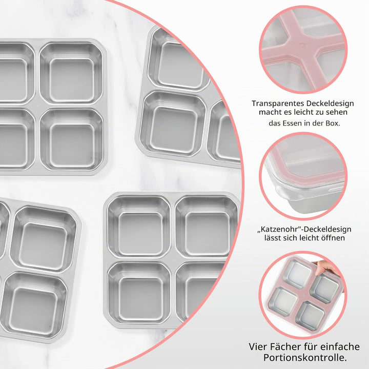 Misichao Edelstahl Snackbox mit 4 Fächern, 400ML Snackdose Kinder, Brotdose Erwachsene, Lunchbox Spü
