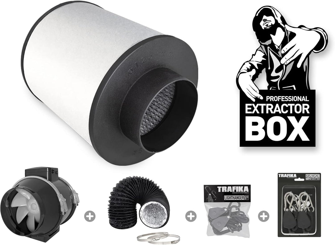 TRAFIKA Extractor KIT 100mm/250m3h KOHLEFILTER +ENTLÜFTER TT 100 (2 Geschwindigkeiten) + 5M COMBIDUC