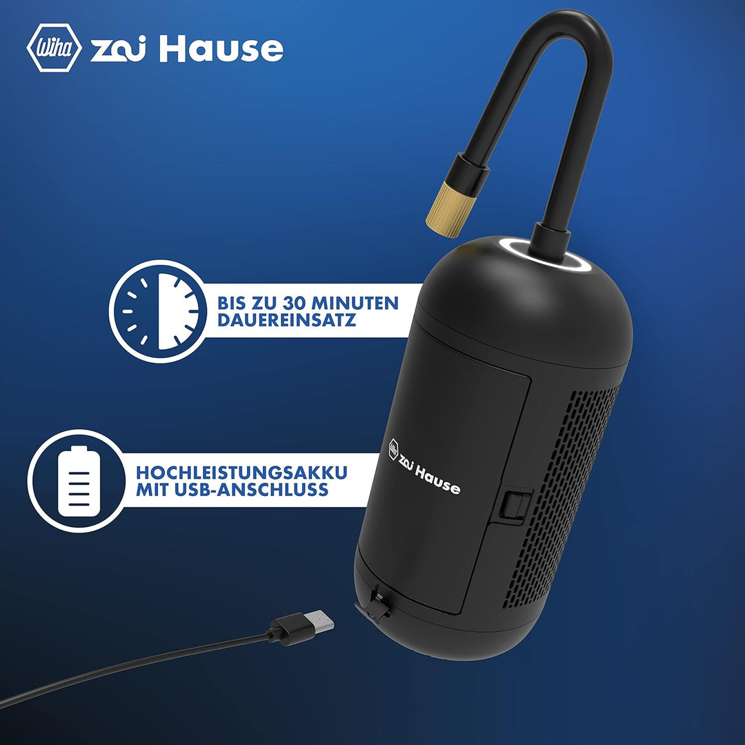 Wiha zai Hause Elektrische Luftpumpe für Fahrrad & Auto mit Akku 3,7 V inkl. Adaptern für Motorrad/B
