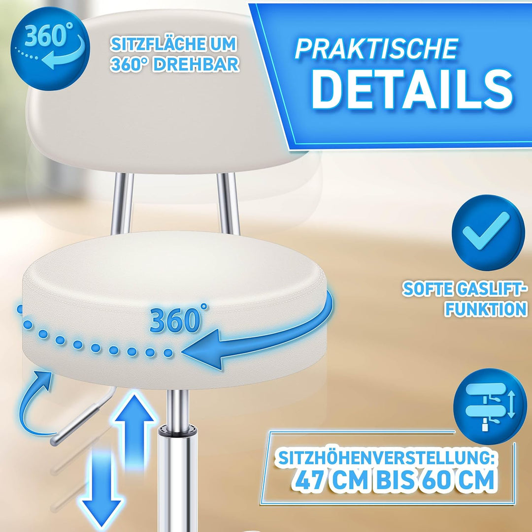 TRESKO® Rollhocker mit Lehne höhenverstellbar 10cm Dicke Polsterung Drehbar | Hocker 46-58cm | Arbei