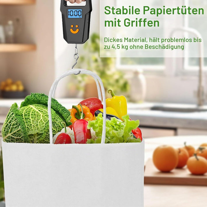 Gucass 50 Stück Klein Papiertüten mit Henkel, Weiss Kraft Papiertaschen Geschenktüten, 15x8x21cm Pap