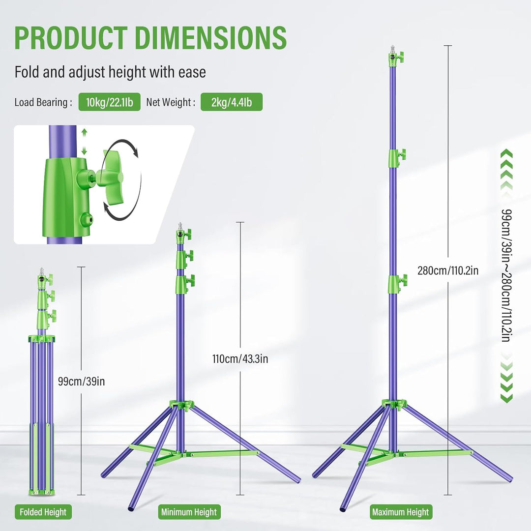Soonpho Lichtstativ Vollmetall Puffer Druckstativ 9,1 ft/280cm Light Stand Bunt 10kg Tragkraft für O