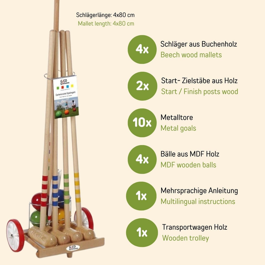 GICO Qualitäts Krocketwagen/Krocket/Croquet für 4 Spieler aus Holz im Transportwagen. Der Outdoor/Ga