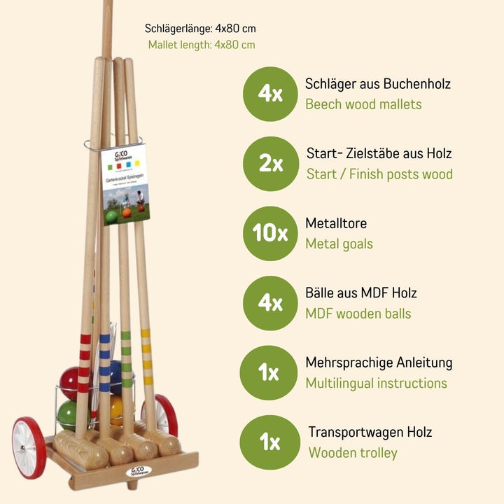 GICO Qualitäts Krocketwagen/Krocket/Croquet für 4 Spieler aus Holz im Transportwagen. Der Outdoor/Ga
