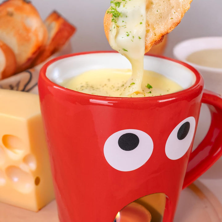 Fisura - Fondue Tasse für Schokolade und Käse, rote Keramiktasse 140 ml mit Gabel, originelle Gesche