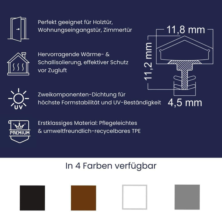 Türdichtung Weiss 10m - 4mm Nutbreite / 7mm Nuttiefe / 12mm Falz - Antidehnungsfaden Haustürdichtung