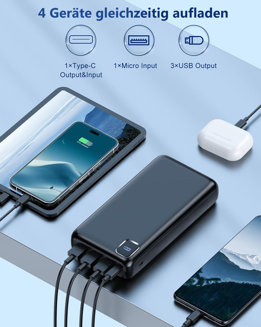 PowerBank 50000mAh grosse kapazität - schnelles Aufladen externer Akku, USB C 4 Ausgänge und 2 Eingä
