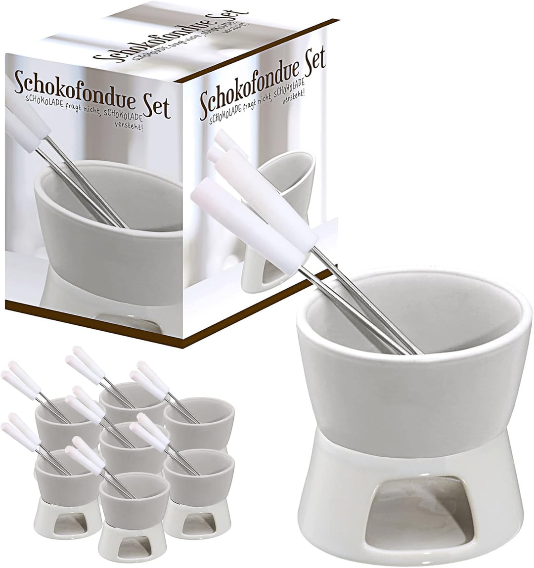 Cepewa Keramik Schokofondue Set Fondue-Set Schokolandenfondue weiss inkl. 2 Edelstahlgabeln (8 x Sch