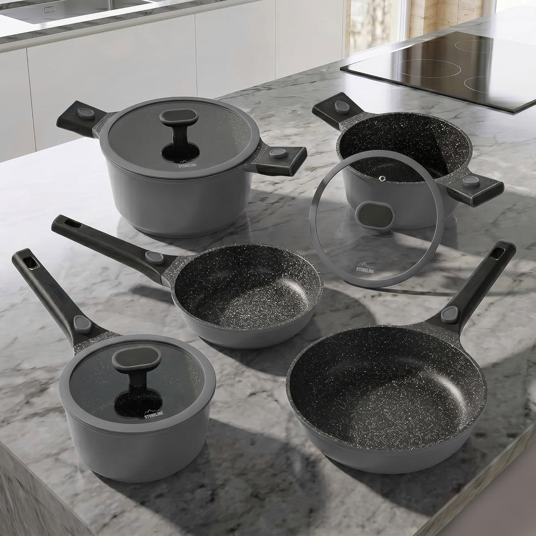 STONELINE SMART Pfannen und Töpfe Set 8-teilig, Aluguss Topfset mit Deckel, Abnehmbarer Griff, Kocht