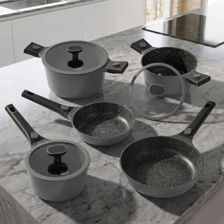 STONELINE SMART Pfannen und Töpfe Set 8-teilig, Aluguss Topfset mit Deckel, Abnehmbarer Griff, Kocht