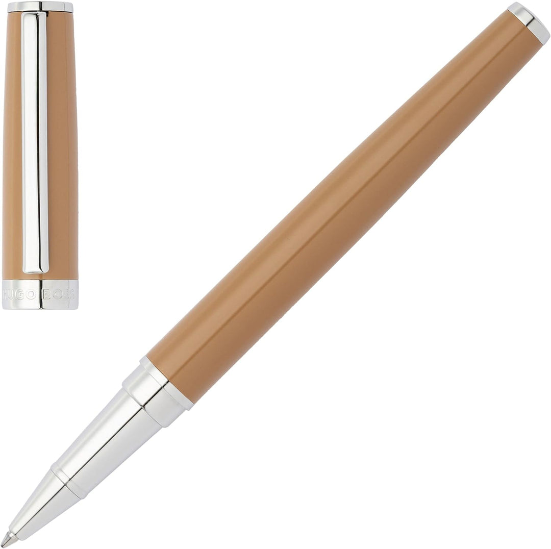 Hugo Boss Gear Icon Tintenroller aus Messing mit Chrome Beschichtung in der Farbe Camel, Masse: 13,8