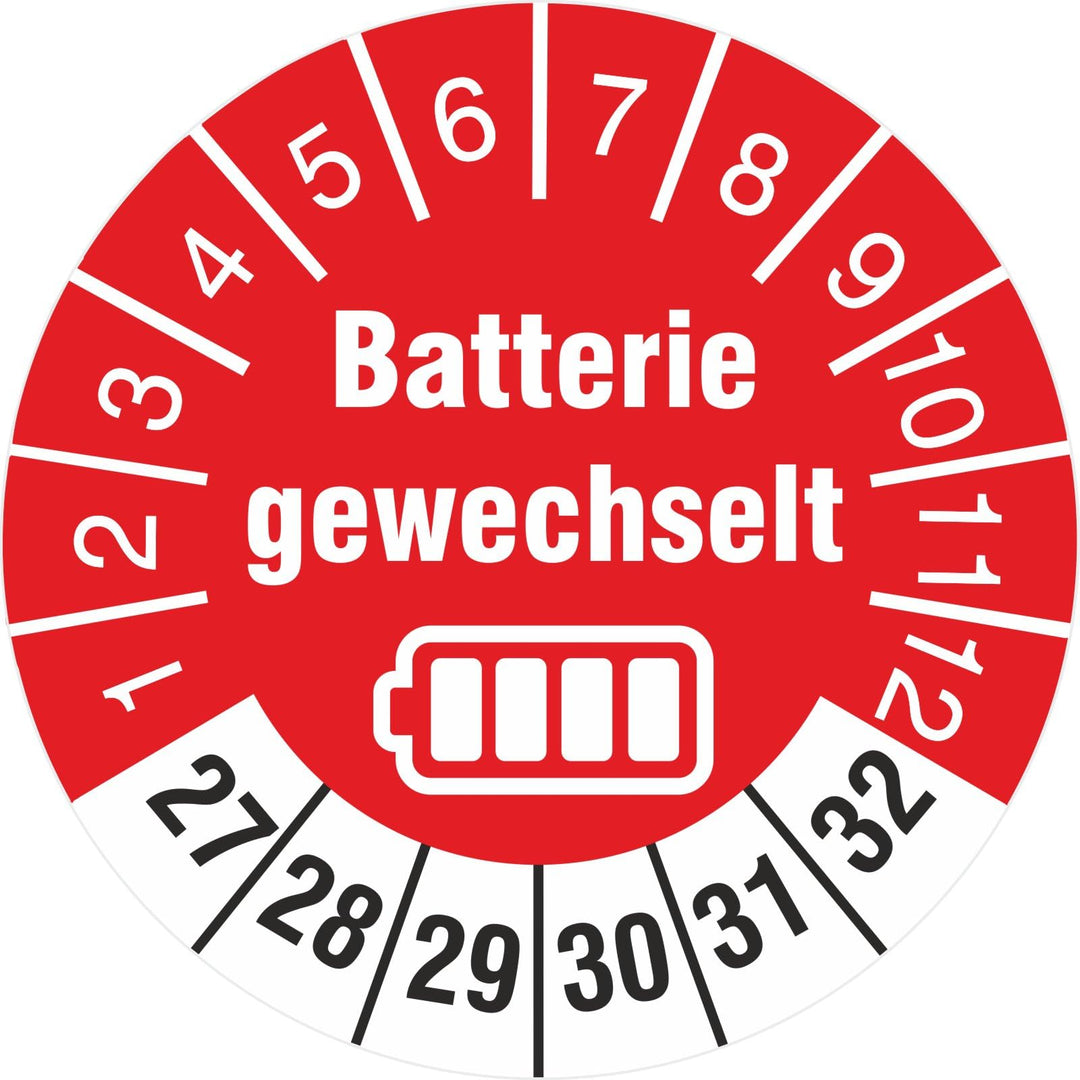 500 Stück Prüfplaketten Batterie gewechselt 30 mm Prüfetiketten 2023-2028 auf Rolle mit Spenderbox s