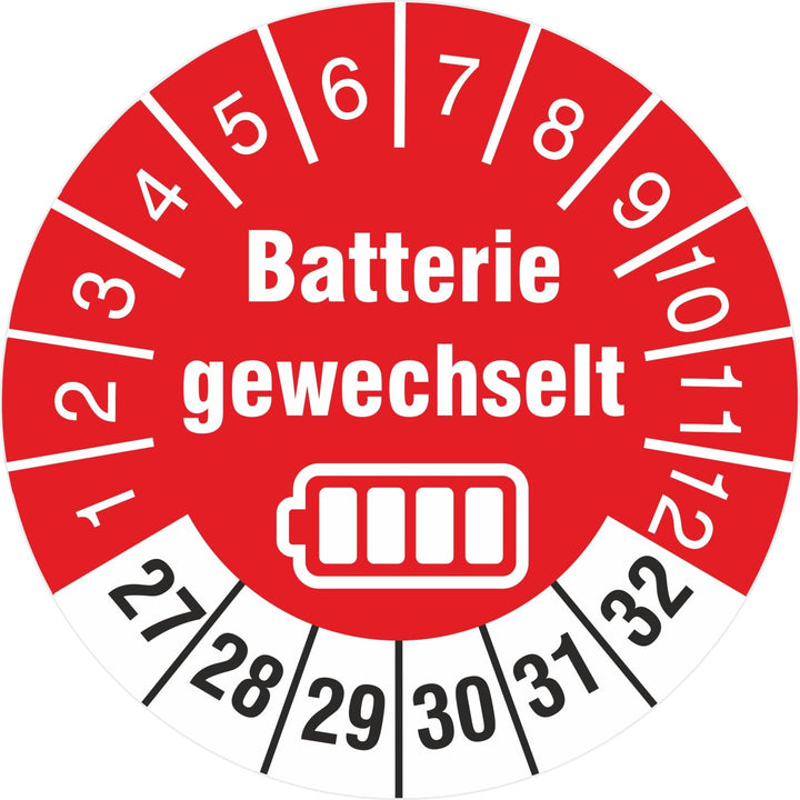 1000 Stück Prüfplaketten Batterie gewechselt 30 mm Prüfetiketten 2023-2028 auf Rolle mit Spenderbox