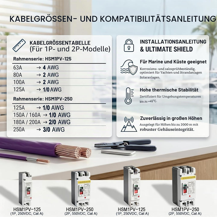 Heschen DC-Leistungsschalter MCCB, 2-polig, DC550V, Photovoltaik-Leistungsschalter, für PV-Solaranla