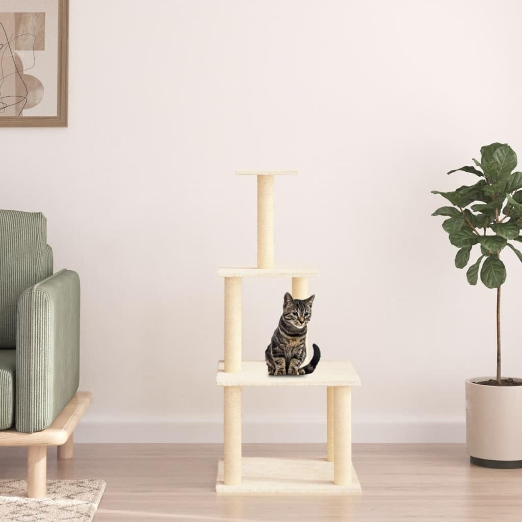 Kratzbaum mit Sisal-Kratzsäulen Creme 111 cm, stabiler Kletterbaum für Katzen mit mehreren Etagen, L