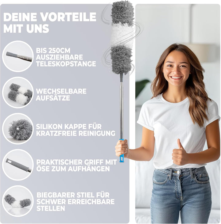 Staubwedel Teleskop-lang ausziehbar bis 2,5m und waschbar,biegbarer und kratzfreier Staubwischer mit