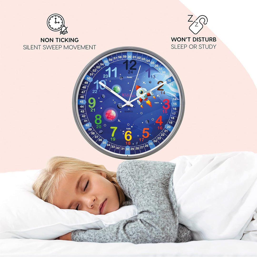 Kiddus Kinder Wanduhr, Jungen und Mädchen, Analoger Lernuhr mit Zeitlernübungen, Kinderwanduhr Ohne