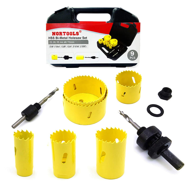 NORTOOLS Lochsäge Set 9-tlg Bi-Metall Lochsäge Bohrer Set,6 Sägeblättern 22m-73mm,1 Einfacher Dorn,1