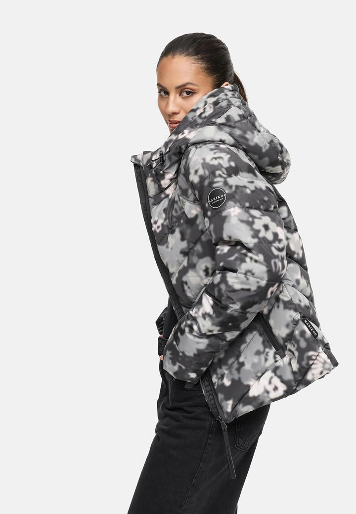 MARIKOO Damen Winterjacke warme Steppjacke mit abnehmbarer Kapuze Samuiaa XVI XS-3XL XS Dark Flower,