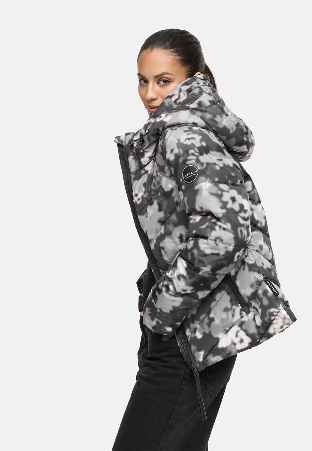 MARIKOO Damen Winterjacke warme Steppjacke mit abnehmbarer Kapuze Samuiaa XVI XS-3XL S Dark Flower,