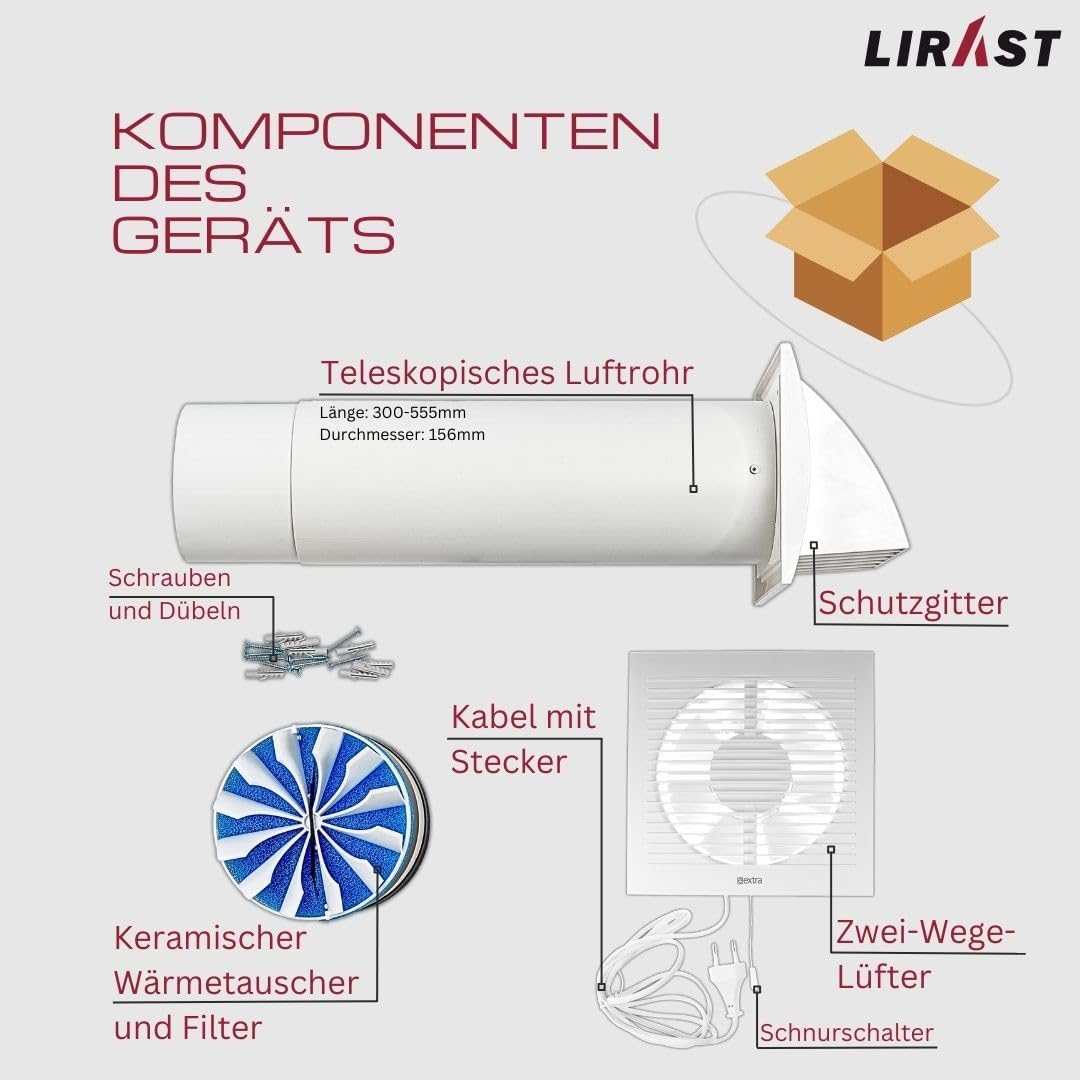 Ø 150mm Dezentrale Wohnraumlüftung mit Wärmerückgewinnung - Mit Kabel und Zugschnur Ø 150mm Weiss, Ø