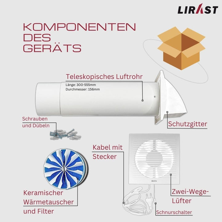 Ø 150mm Dezentrale Wohnraumlüftung mit Wärmerückgewinnung - Mit Kabel und Zugschnur Ø 150mm Weiss, Ø
