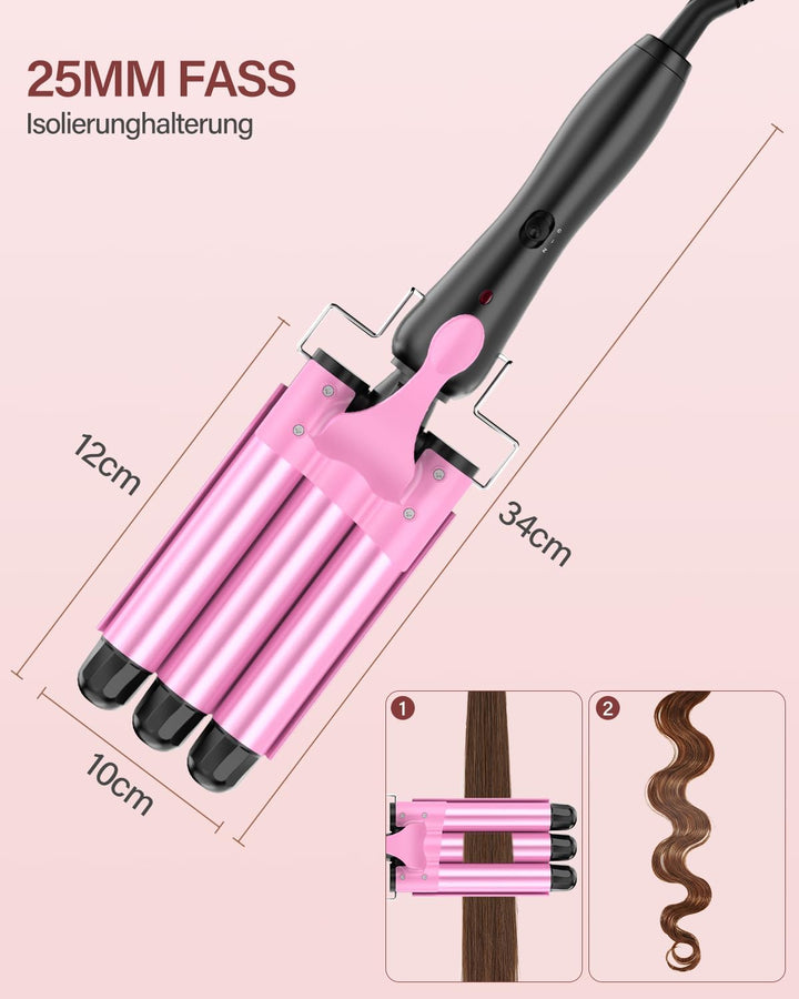 Lockenstab 3 Fässer Beach Waves Welleneisen für Haare, 25mm Kleine Locken Keramik Lockeneisen-Temper