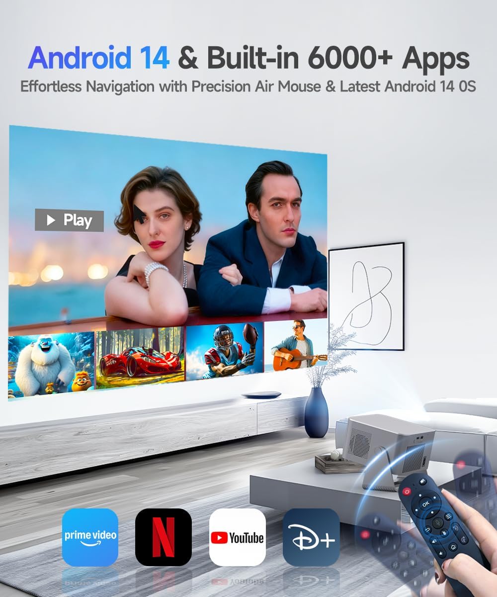 Mini Beamer 4K 8K Unterstützt 1080P Full HD, Android 14 Smart Projektor, WiFi 6 Bluetooth 5.4, Autof