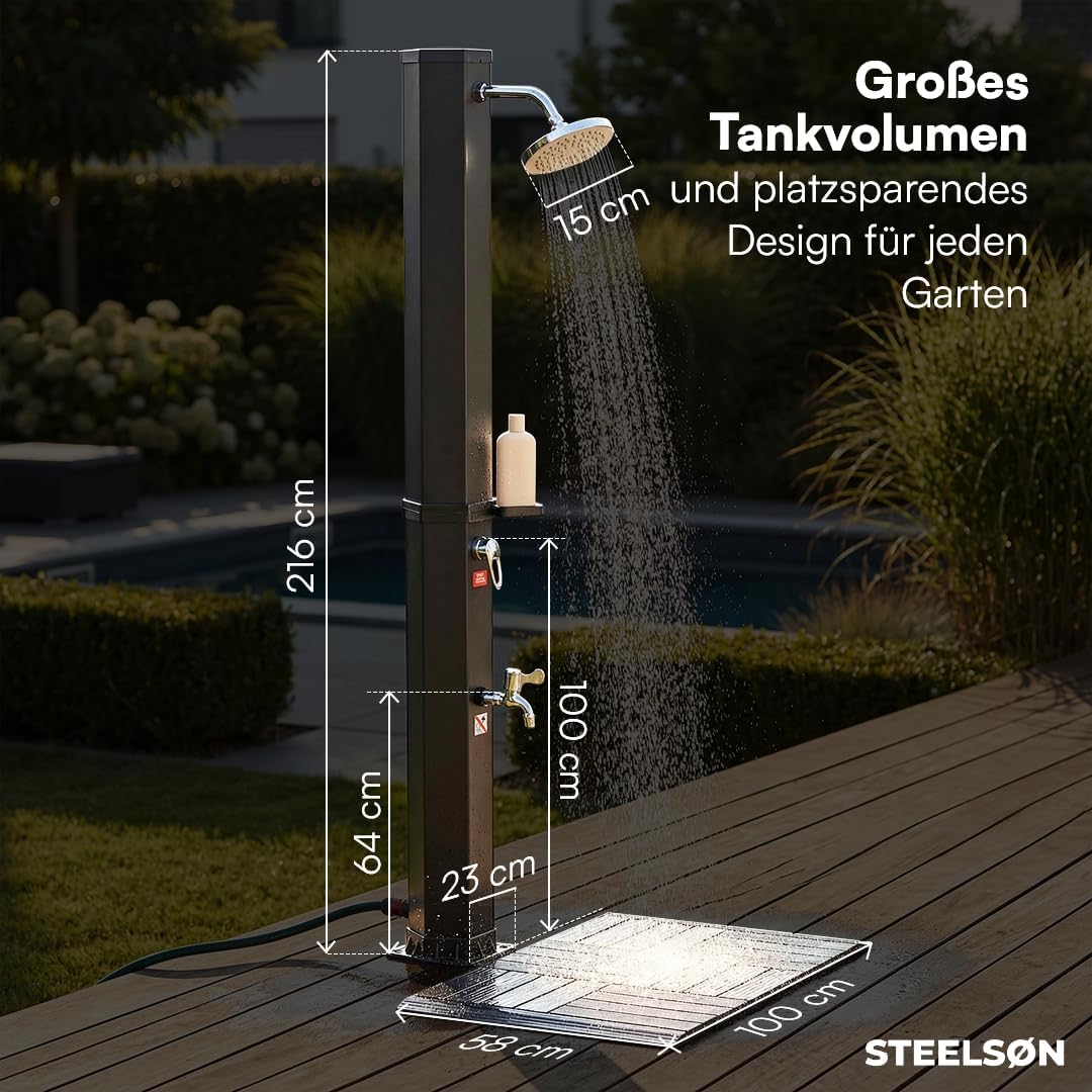 STEELSØN Xypher Solardusche mit Bodenplatte 60L – Gartendusche 60°C – Pooldusche ohne Stromanschluss