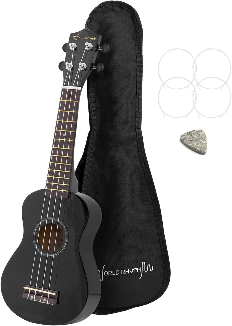 World Rhythm Sopran-Ukulele - Premium Einsteiger Sopran-Ukulele in Schwarz Finish mit Gigbag, Ersatz