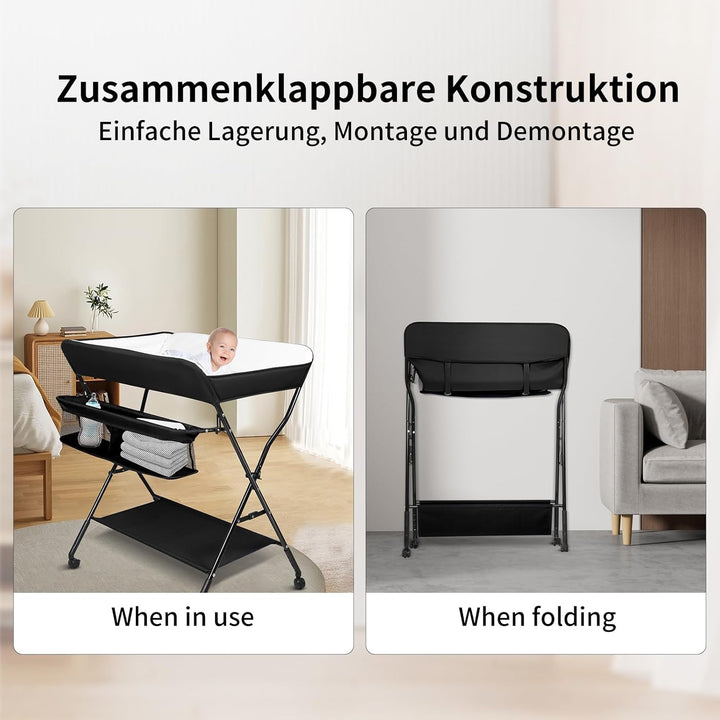 OHMG Baby Wickelkombi Klappbare Wickelkommode,Wickeltisch mit Rollen,Mobiler Wickeltisch mit Wickela