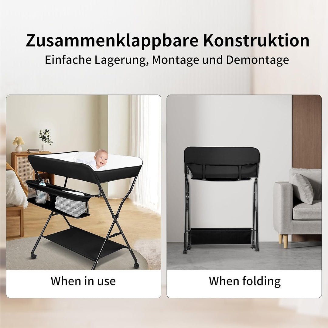 OHMG Baby Wickelkombi Klappbare Wickelkommode,Wickeltisch mit Rollen,Mobiler Wickeltisch mit Wickela