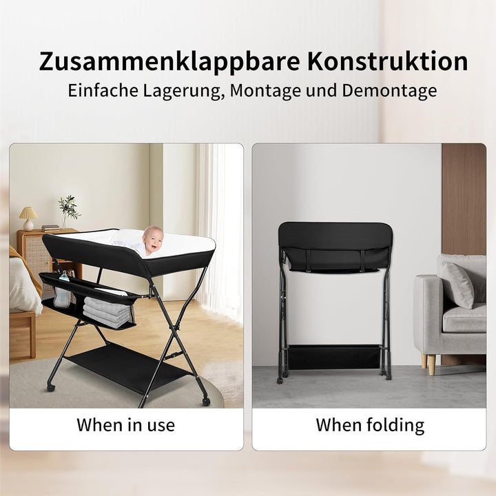 OHMG Baby Wickelkombi Klappbare Wickelkommode,Wickeltisch mit Rollen,Mobiler Wickeltisch mit Wickela