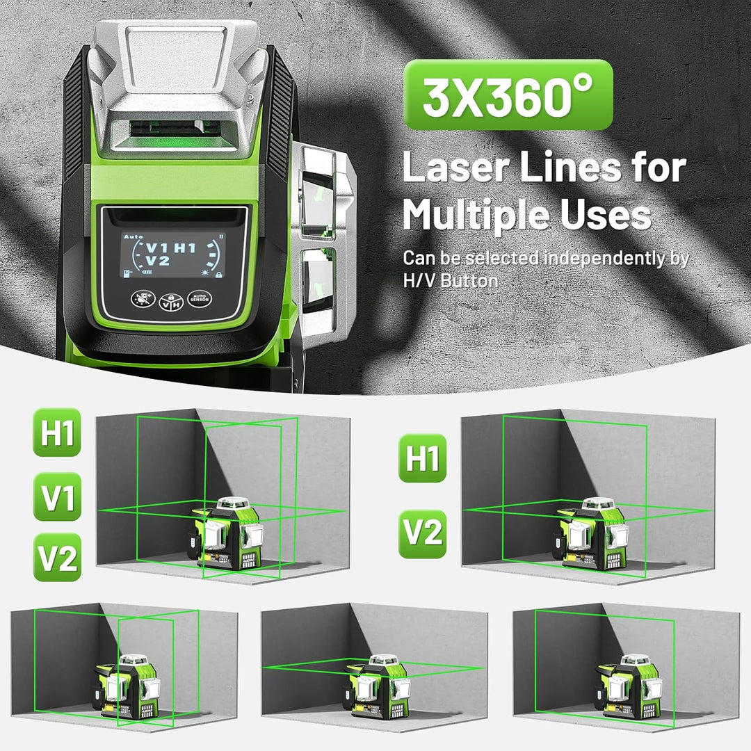 Huepar Laser-Wasserwaage, 3 x 360, selbstnivellierendes Laser-Werkzeug mit grünem Strahl, LCD-Bildsc