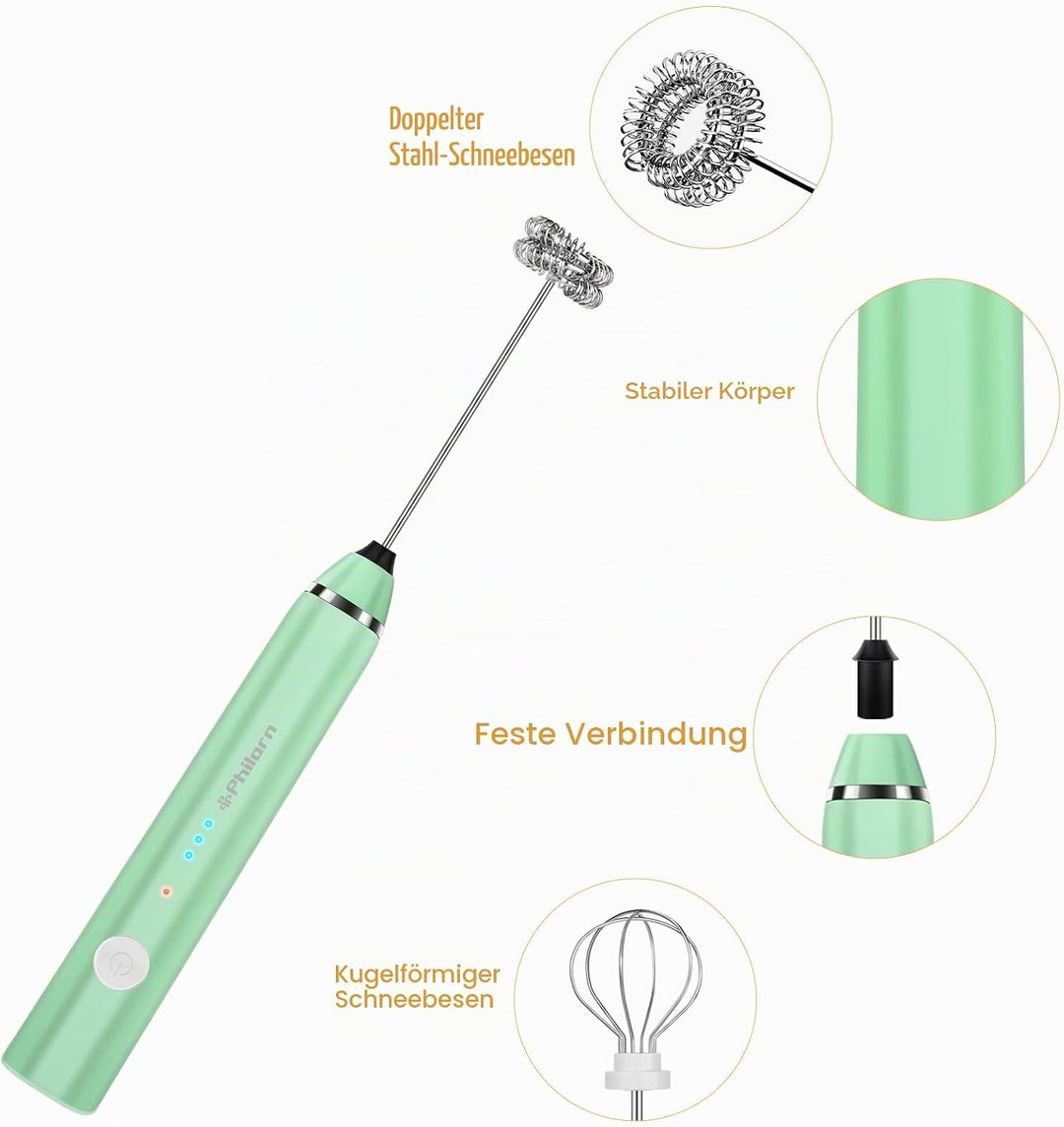 Philorn Milchaufschäumer Stab, Milchaufschäumer Elektrisch Stab Hand Held, 3-Gang USB Aufladbar Aufs