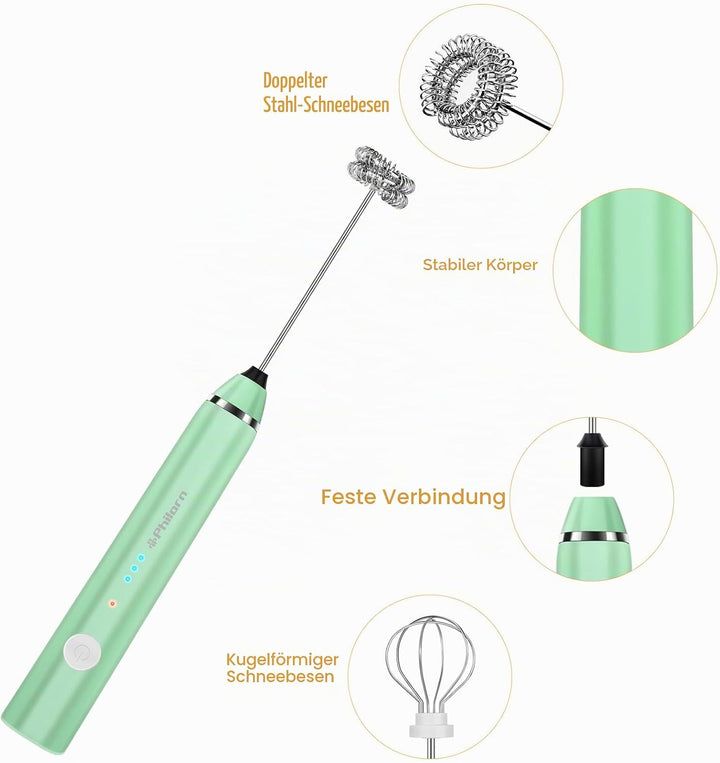 Philorn Milchaufschäumer Stab, Milchaufschäumer Elektrisch Stab Hand Held, 3-Gang USB Aufladbar Aufs