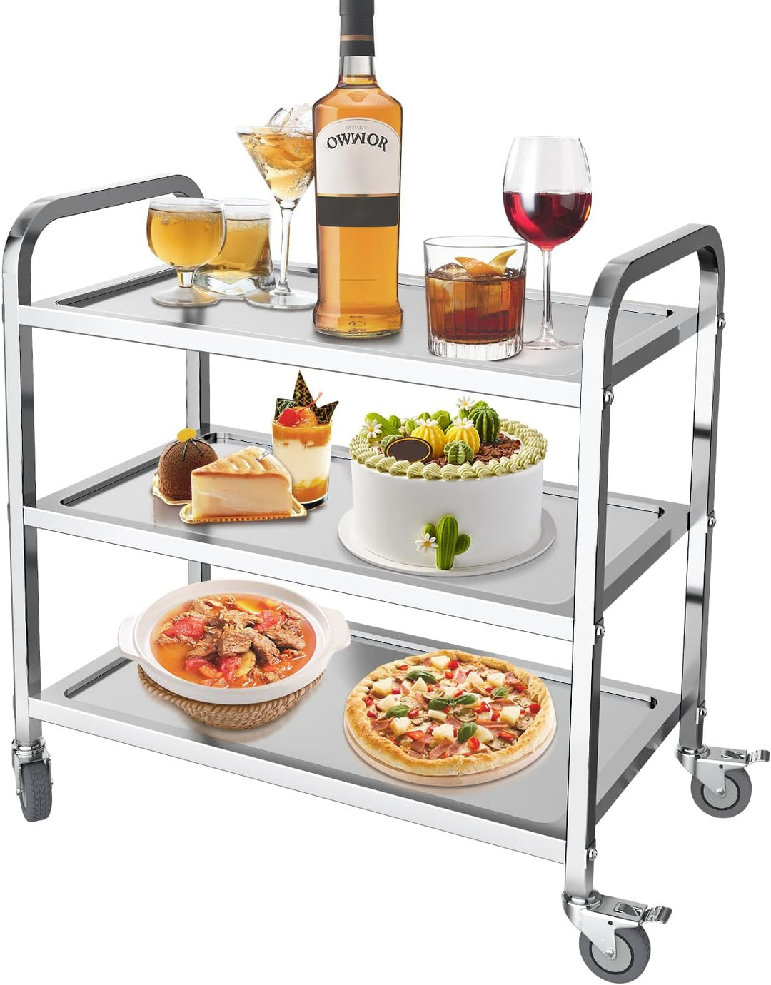 MOOTACO Servierwagen Küchenwagen Edelstahl Rollwagen Gastro Teewagen Transportabräumwagen mit Rollen