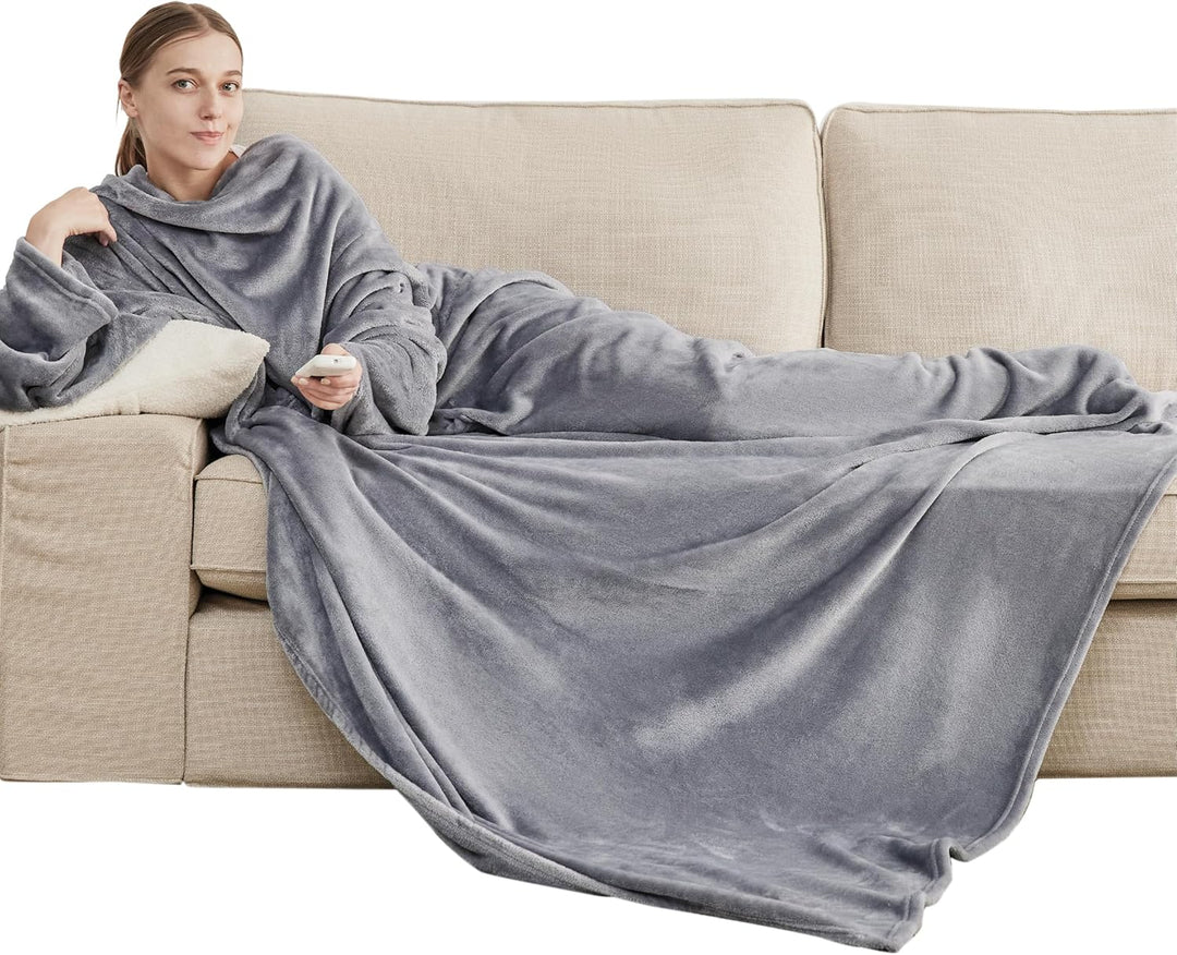 BEDSURE Decke mit Ärmeln als Geschenke für Frauen - Kuscheldecke mit Ärmeln Grau Erwachsene Ärmeldec