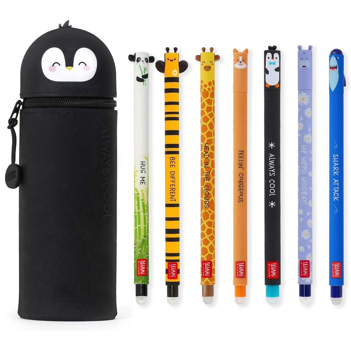 LEGAMI Set mit 7 radierbaren Gelstiften + Pinguin 2-in-1-Federmäppchen – mit thermoempfindlicher Lös