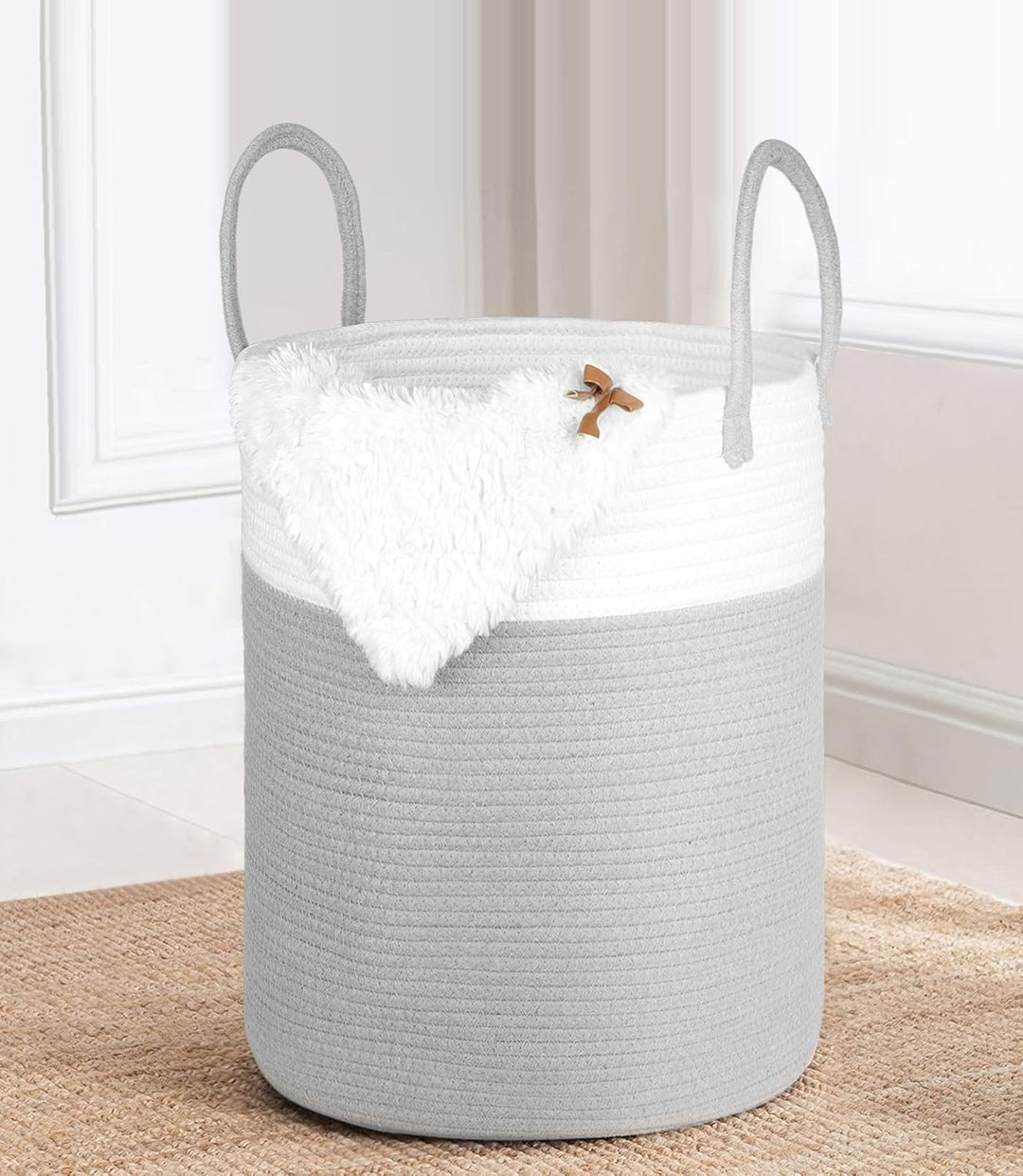 Wäschekorb Geflochten aus Baumwolle, 66L Wäschesammler Gross mit Henkel, Laundry Basket Aufbewahrung