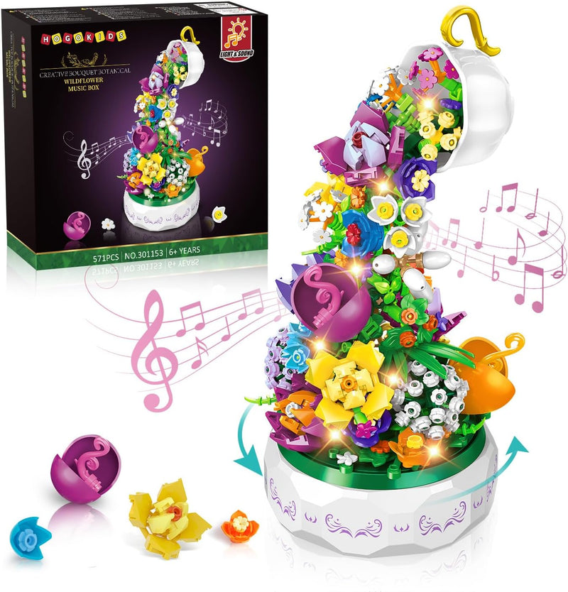 HOGOKIDS Blumen Musik Bauspielzeug mit LED Licht - Kreativer Blumenstrauss Botanische Rotierende Spi