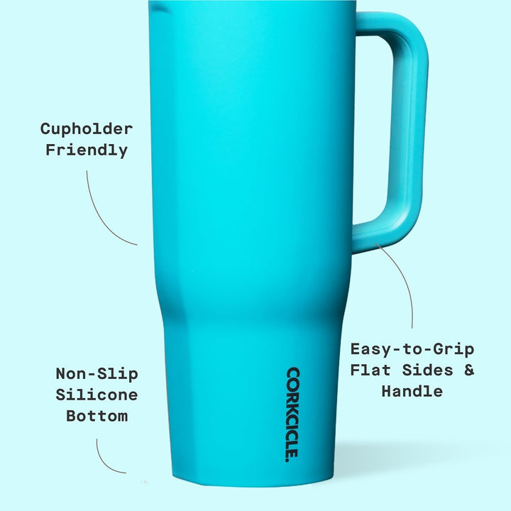 Corkcicle Cruiser Isolierter Becher mit Griff und Strohhalm, Capriblau, 1,2 l, wiederverwendbare Was
