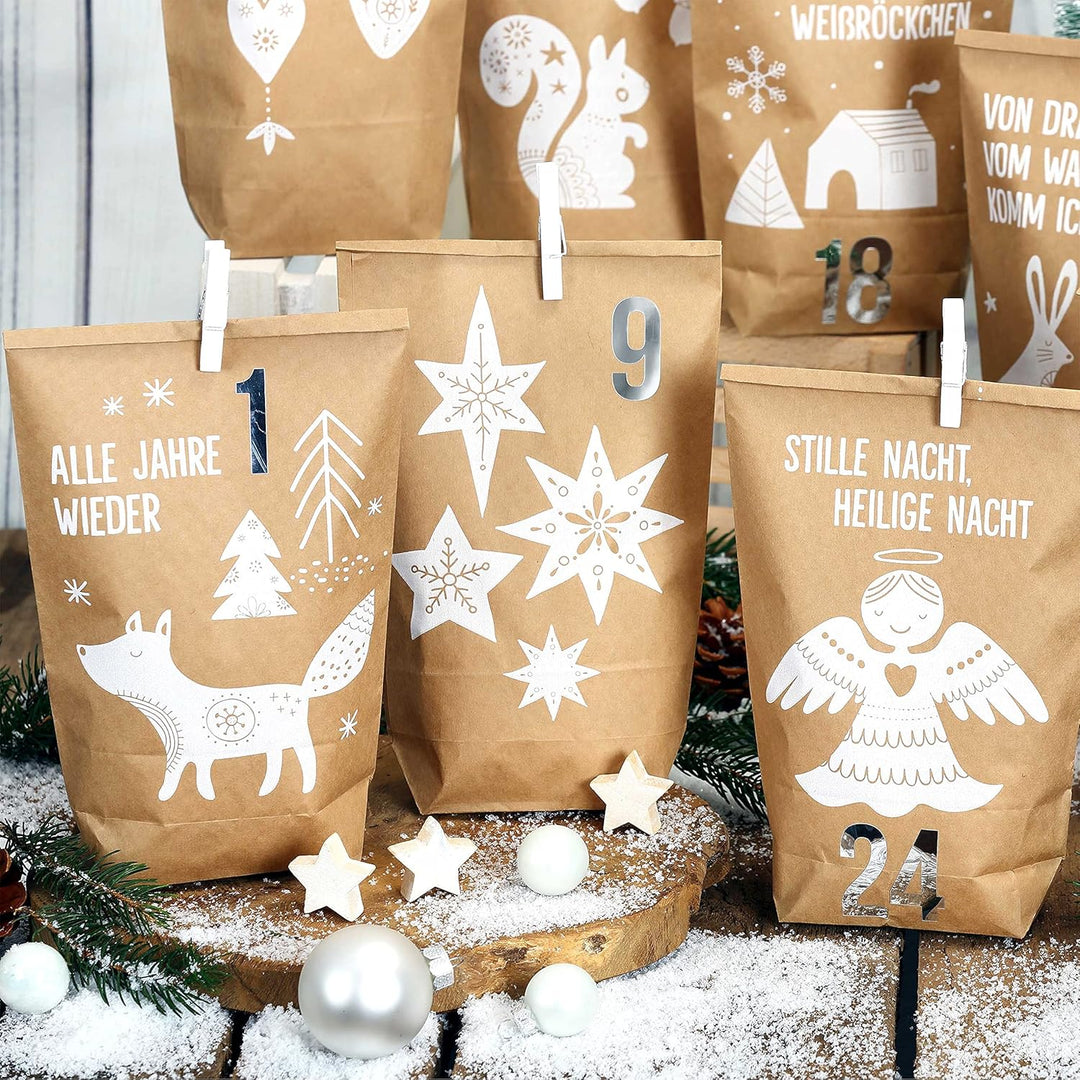 Papierdrachen Adventskalender 2025 zum Befüllen - 24 braune Papiertüten mit Zahlenaufklebern - Motiv