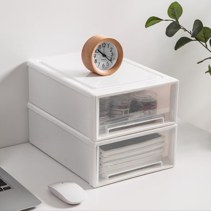 2 Stück 4,5L Schubladenbox Kunststoff Transparent-Weiss Aufbewahrungsbox mit Schubladen Stapelbare S