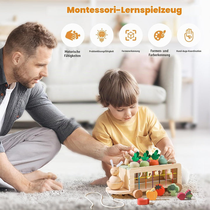 WOODEN TEETHER Montessori Holzspielzeug ab 1 2 3 Jahr, Steckspiel Sortierspiel Holzpuzzle Karottener