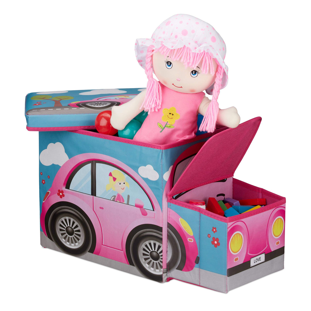 Relaxdays Sitzbox Kinder, Staubox mit Deckel, Spielzeug, faltbar, Motiv Auto, Stauraum, Jungen &amp; Mäd