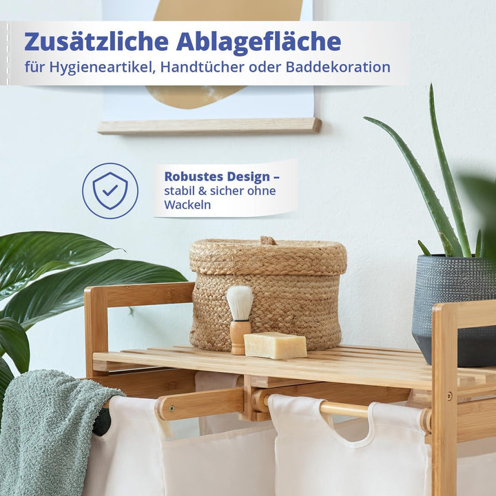 Lumaland Wäschekorb aus Bambus, mit 2 ausziehbaren Wäschesäcken, ca. 73 x 64 x 33 cm